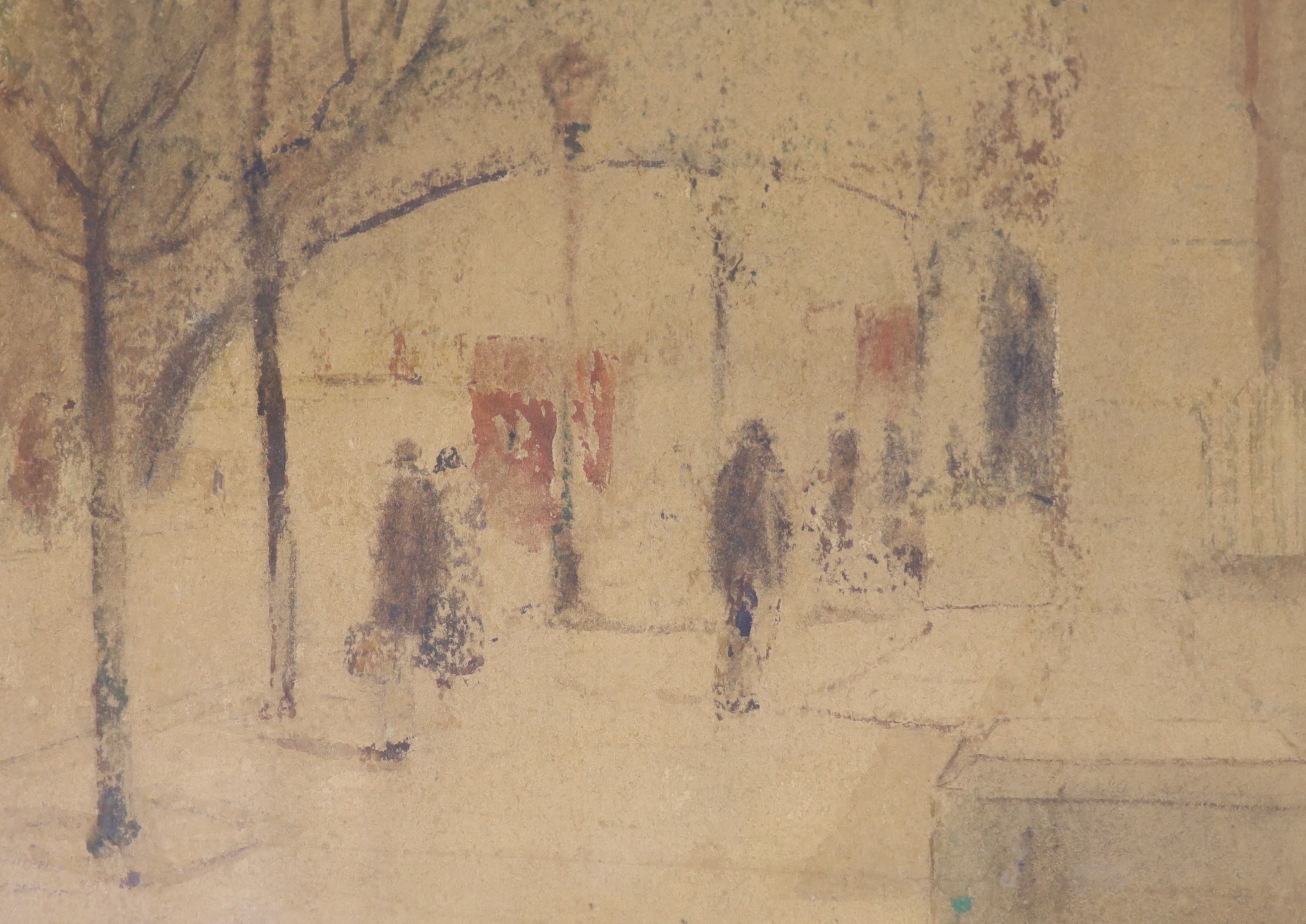 Attributed to Henri-Joseph Harpignies (1819-1916), pastel, Paris street scene, 24 x 33cm